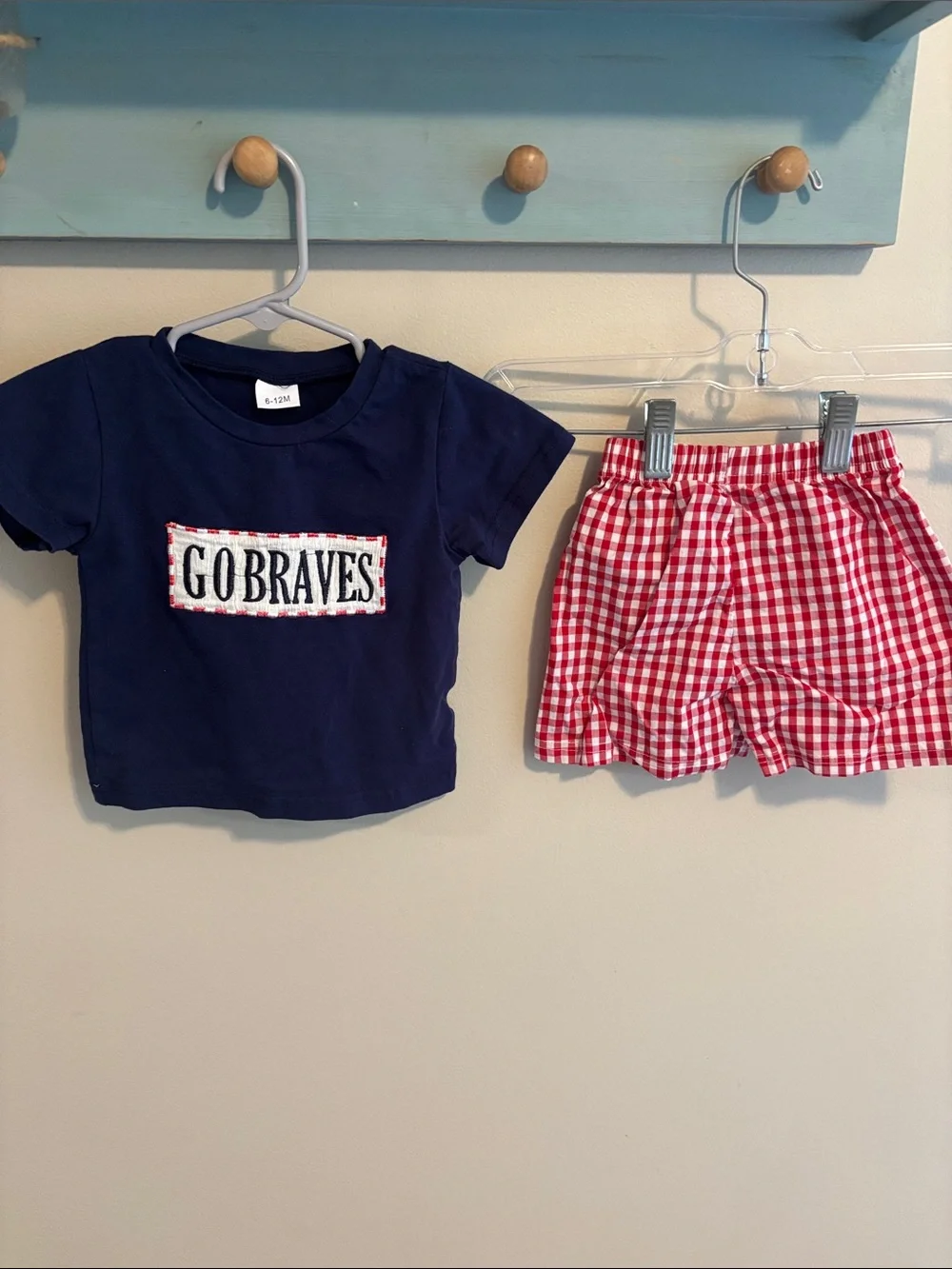 Atlanta Braves Baby Boy Outfit 6-12 Months Smocked Shirt Red Gingham Shorts Set